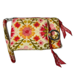 Vera Bradley Folkloric Yellow Pink Red Green Floral Pattern Double ID Wristlet